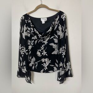 J LAXMI Vintage fairy Grunge Goth Beaded Sequin Sheer Black Cowl Neck Blouse PS